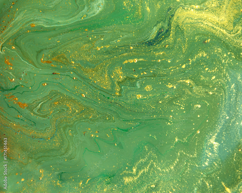 Marbled abstract background. Liquid marble pattern. Colorful marble backdrop. Golden glitter texture.
