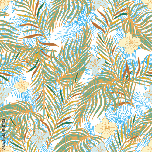 Hand Drawn Tropical Seamless Background With Banana Leaves And Exotic Flowers.