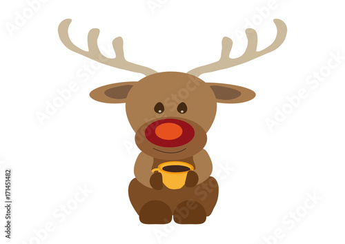 Happy smiling reindeer Rudolf drinking coffee from orange yellow tea cup