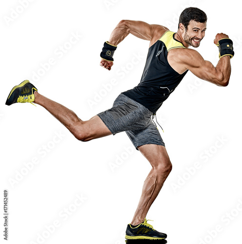 Fototapeta one caucasian fitness man exercising cardio boxing exercises in studio  isolated on white background
