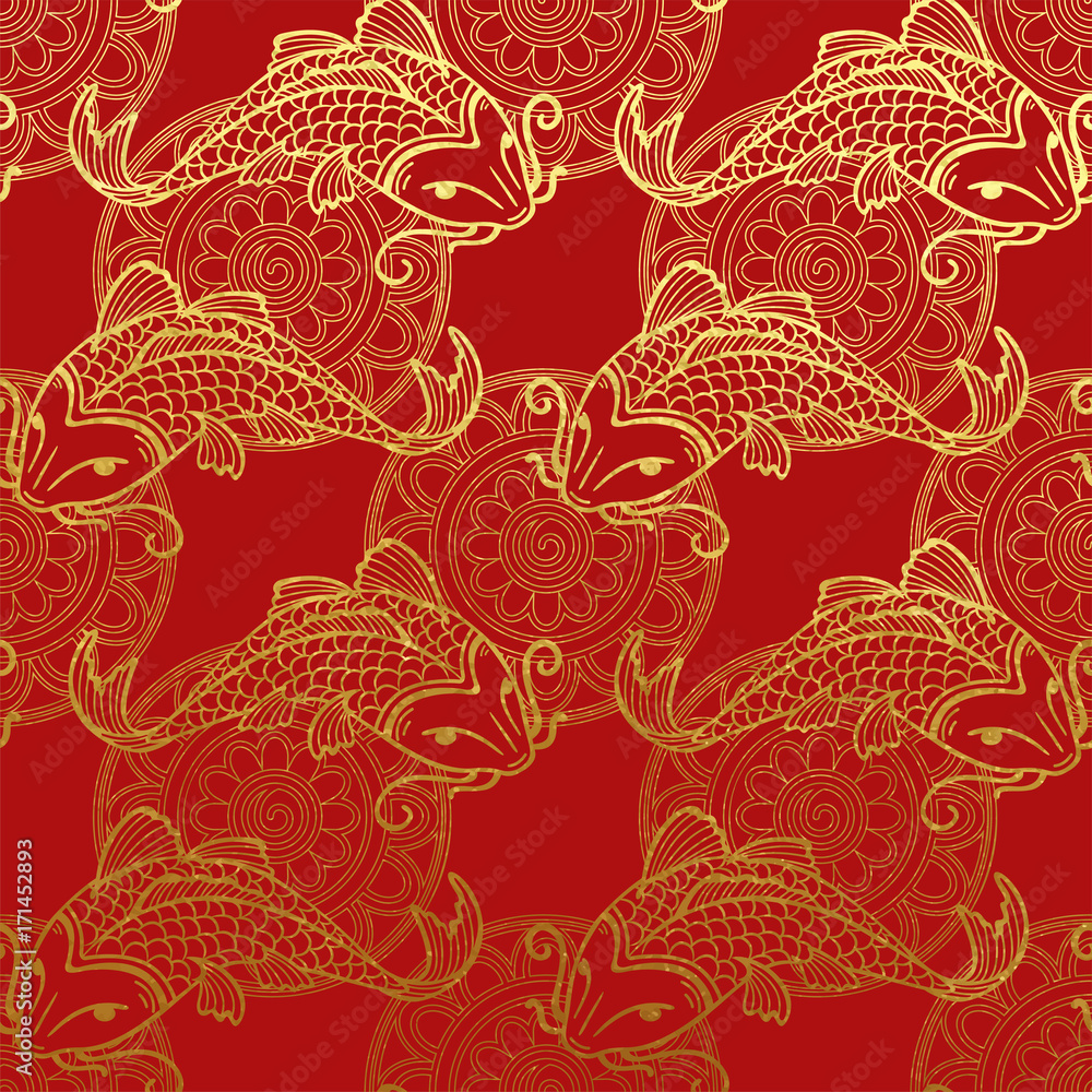 Obraz premium Golden koi pattern on red