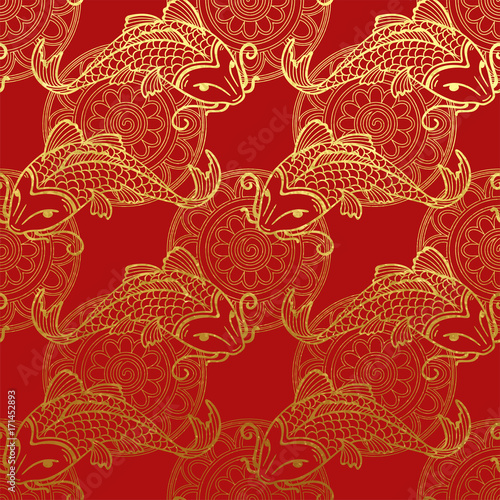 Golden koi pattern on red