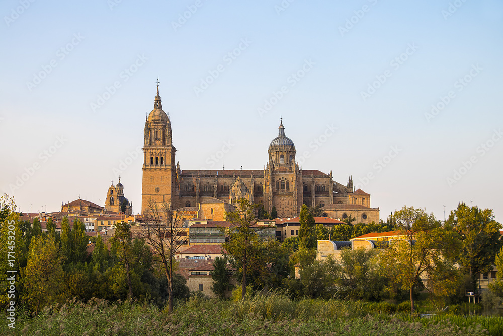 Salamanca Old and New Cathedrals reflected on Tormes River at sunset, Community of Castile and León, Spain.  Declared a UNESCO World Heritage Site in 1988