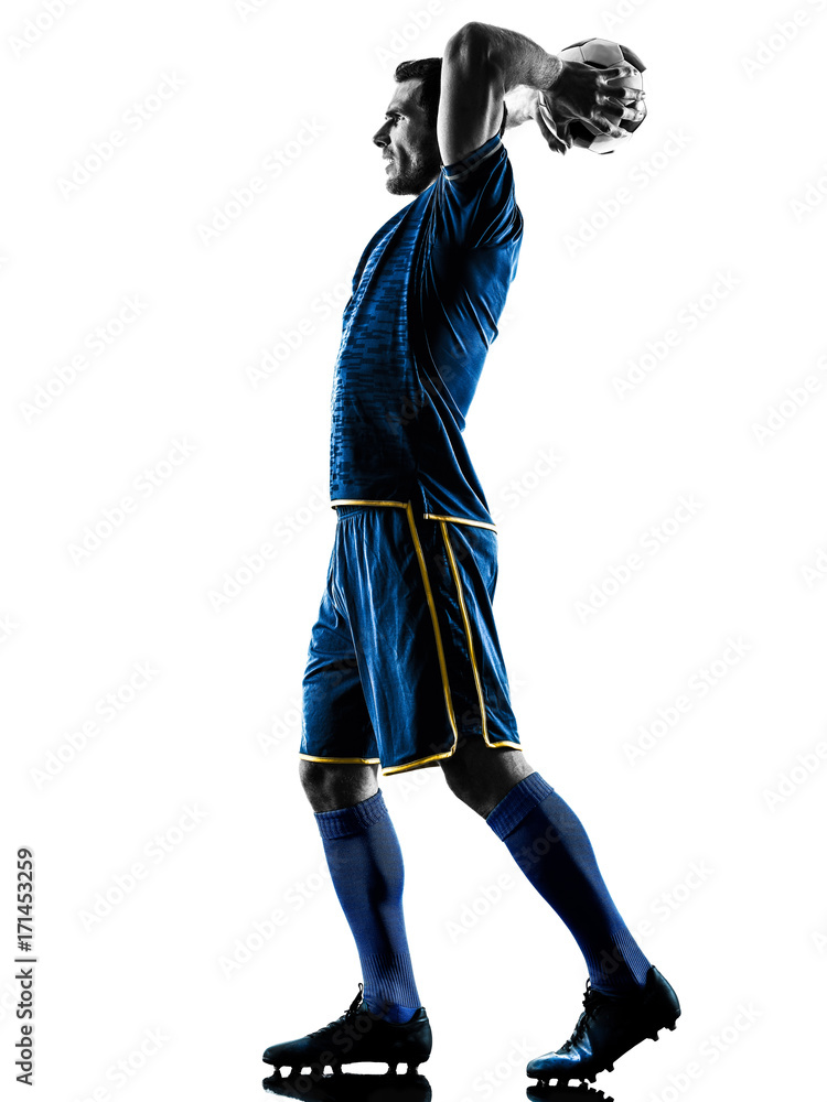 one caucasian soccer player man playing in silhouette isolated on white background one caucasian soccer player man playing in silhouette isolated on white background
