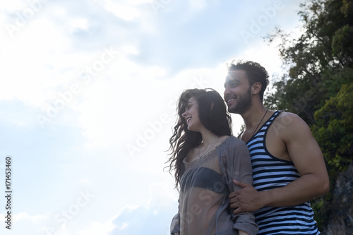 Couple Happy Smiling Blue Sky Sunshine, Beautiful Young People In Love, Man And Woman Embracing Summer Vacation Holiday Travel