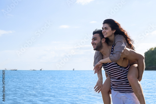 Couple Beach Summer Vacation, Man Carry Woman Beautiful Young Happy Man And Woman Smile Sea Ocean Holiday Travel
