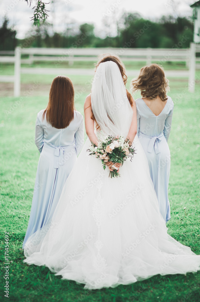 The bride and bridesmaids are showing beautiful flowers on their hands The bride and bridesmaids are showing beautiful flowers on their hands