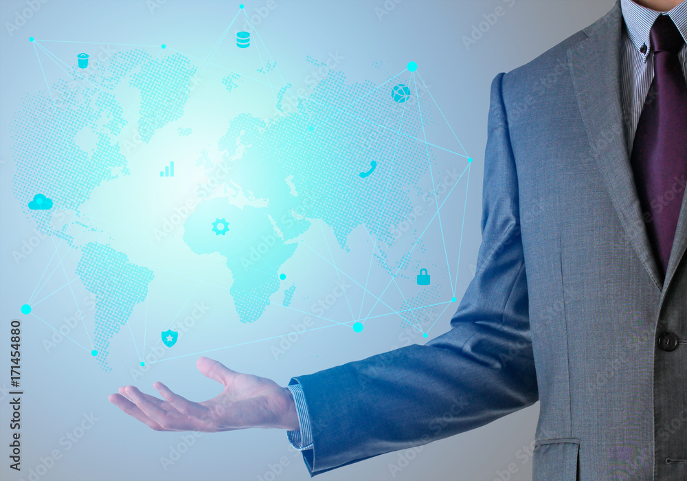 Businessman in suit with world map and icons in blue color. Businessman in suit with world map and icons in blue color.