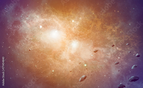 Space scene. Orange and violet nebula with planet. Elements furnished by NASA. 3D rendering