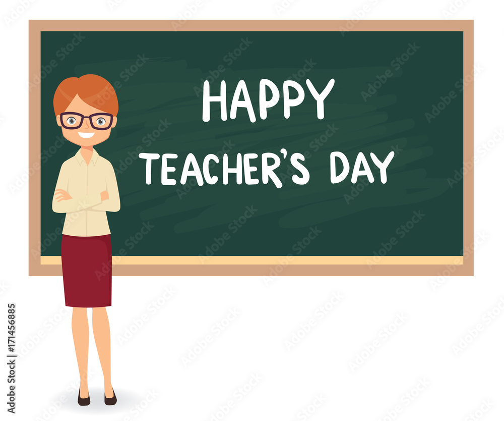 Happy teachers day. Young female teacher against a blackboard background Happy teachers day. Young female teacher against a blackboard background