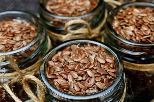 flaxseed in jar on  table