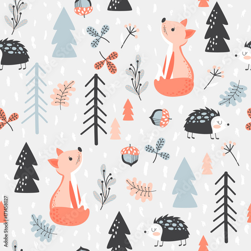 Canvas Print Seamless background with forest animals