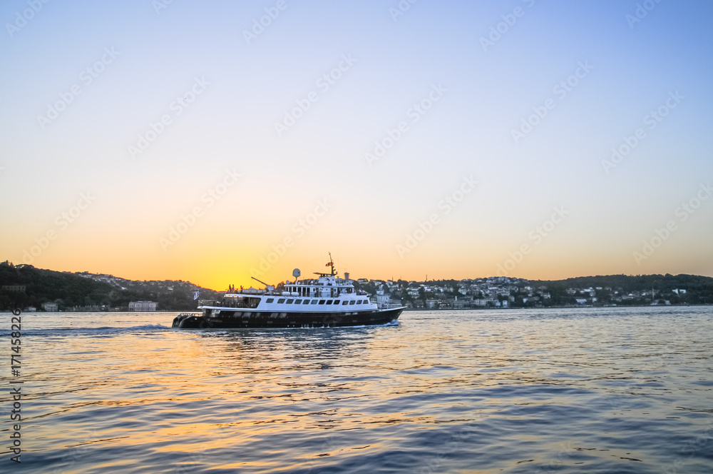 Obraz premium Passenger ship in the Gulf of the Golden Horn in Istanbul, Turkey in a beautiful summer day