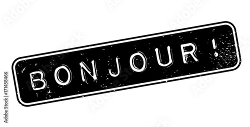 Bonjour rubber stamp. Grunge design with dust scratches. Effects can be easily removed for a clean, crisp look. Color is easily changed.