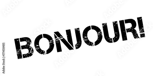 Bonjour rubber stamp. Grunge design with dust scratches. Effects can be easily removed for a clean, crisp look. Color is easily changed.