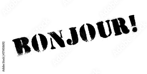 Bonjour rubber stamp. Grunge design with dust scratches. Effects can be easily removed for a clean, crisp look. Color is easily changed.