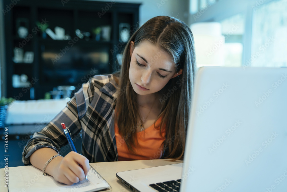 Teenage girl doing homework using laptop computer at home Teenage girl doing homework using laptop computer at home