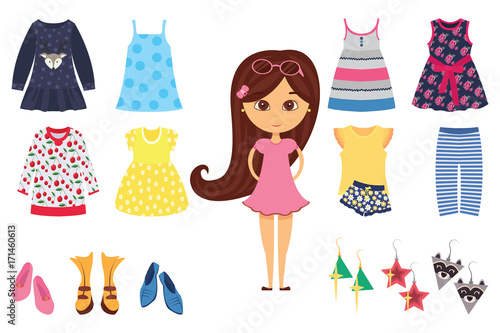 Flat isolated baby girl fashion icon set with stylish little girl and his different clothes vector.