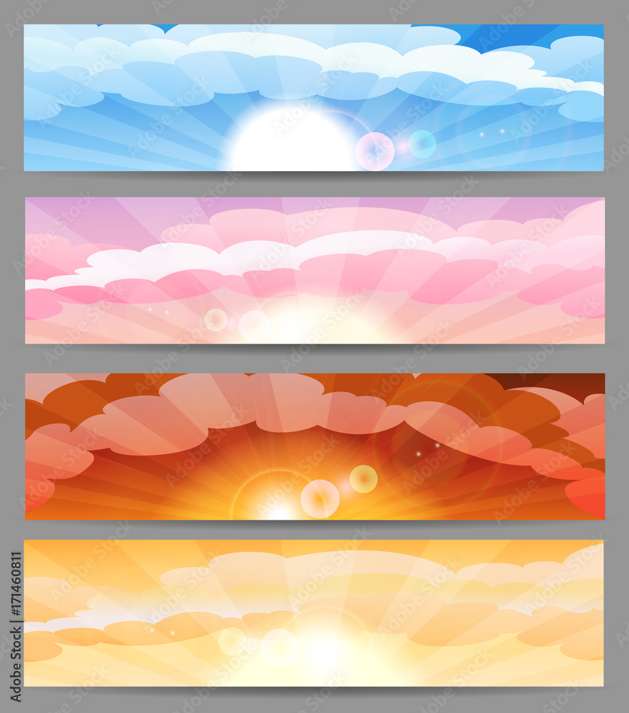 Sky with sun and clouds banner set