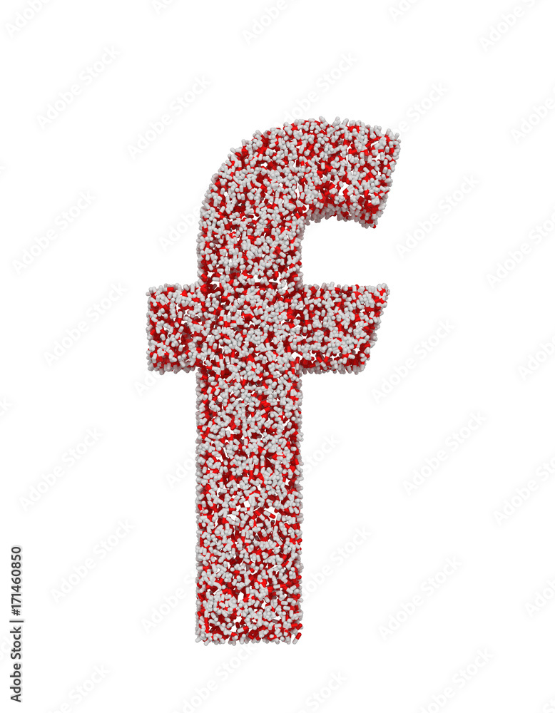 3D render of red and white alphabet make from pills. small letter f with clipping path. Isolated on white background 3D render of red and white alphabet make from pills. small letter f with clipping path. Isolated on white background