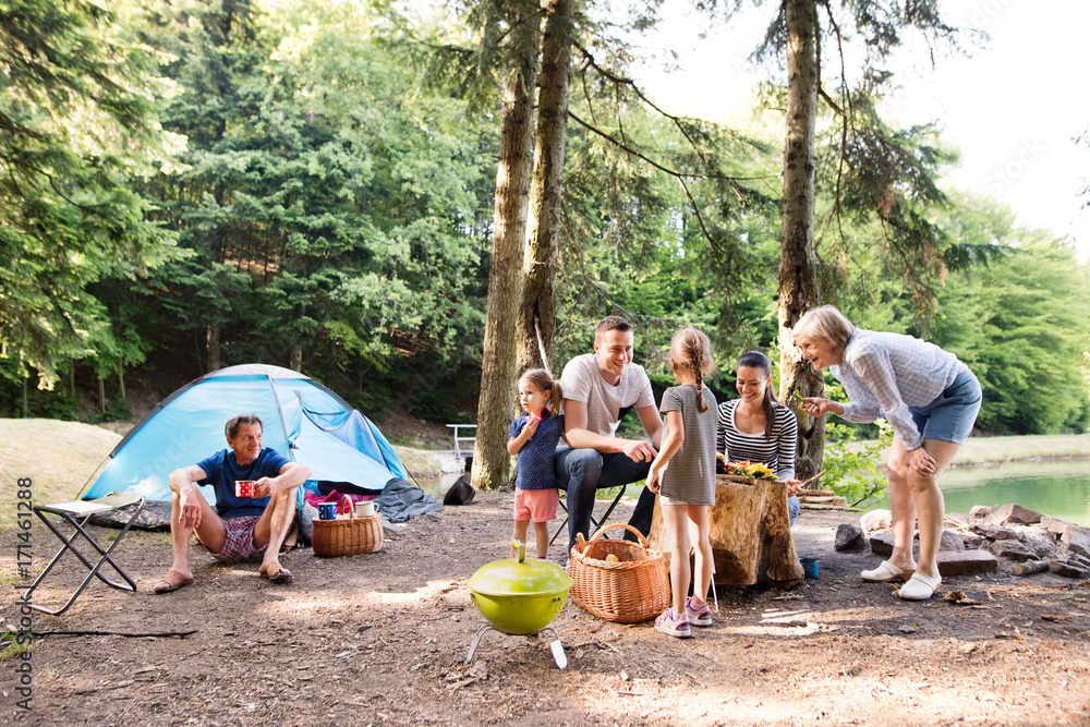 Beautiful family camping in forest, eating together. - obrazy, fototapety, plakaty 