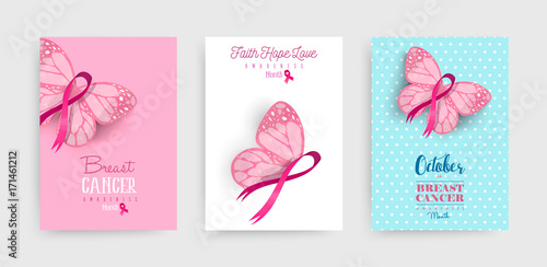 Pink breast cancer butterfly ribbon art poster set