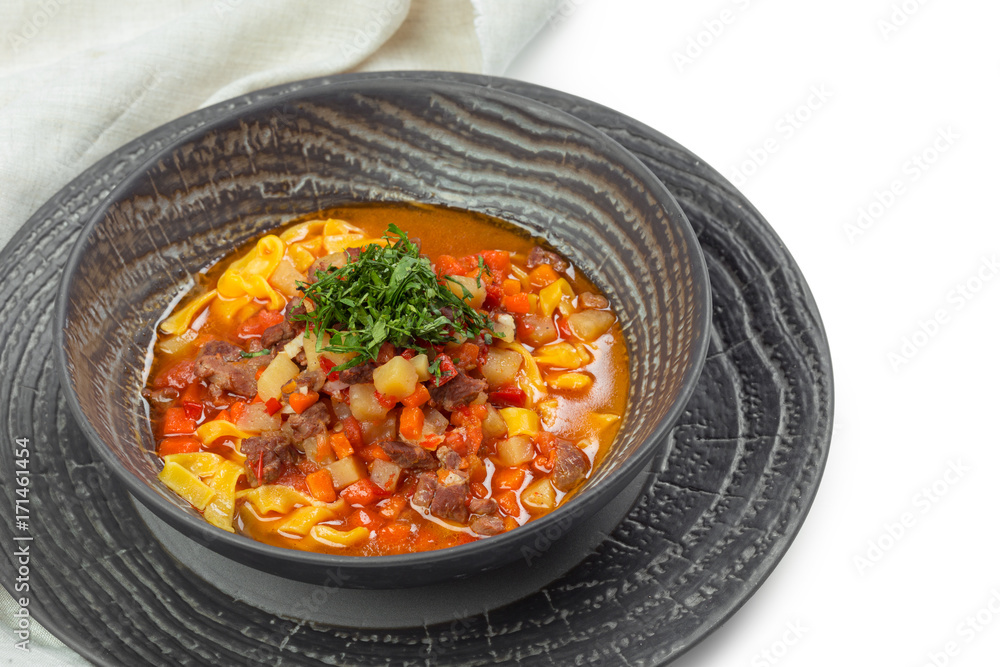 Plate of vegetable soup with meat Plate of vegetable soup with meat