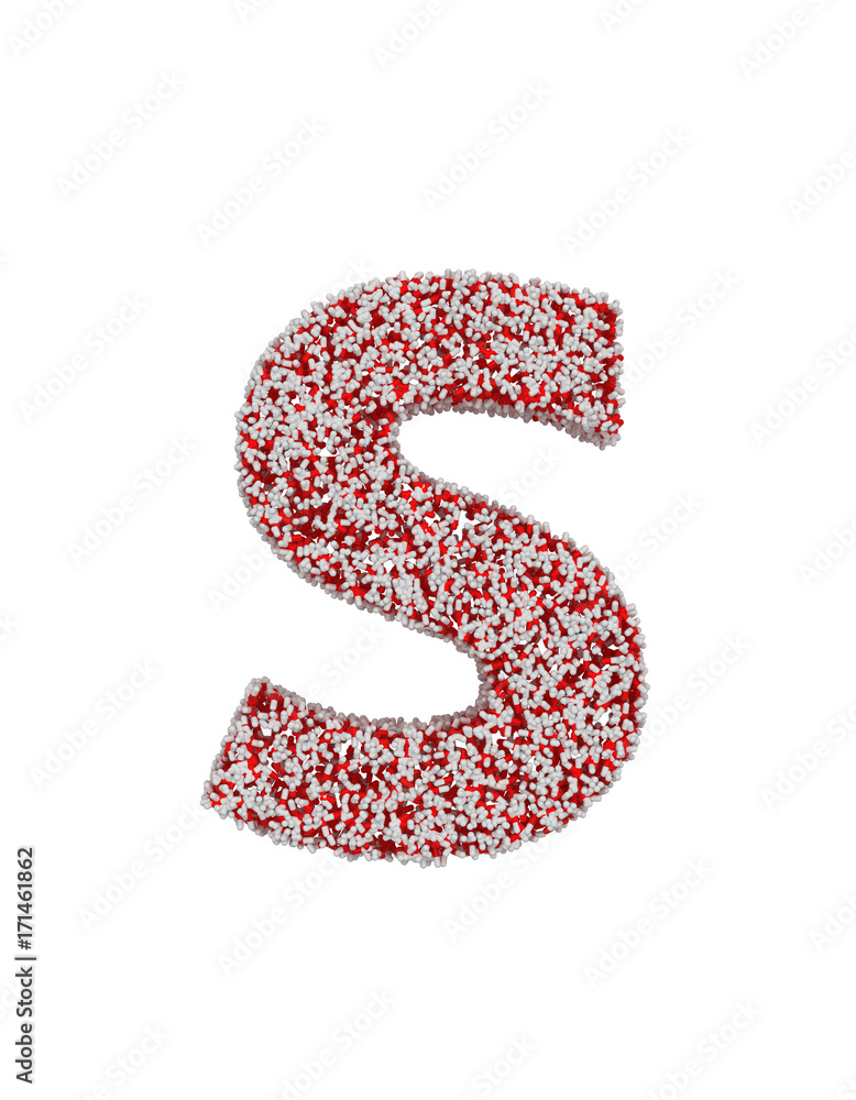 3D render of red and white alphabet make from pills. small letter s with clipping path. Isolated on white background 3D render of red and white alphabet make from pills. small letter s with clipping path. Isolated on white background