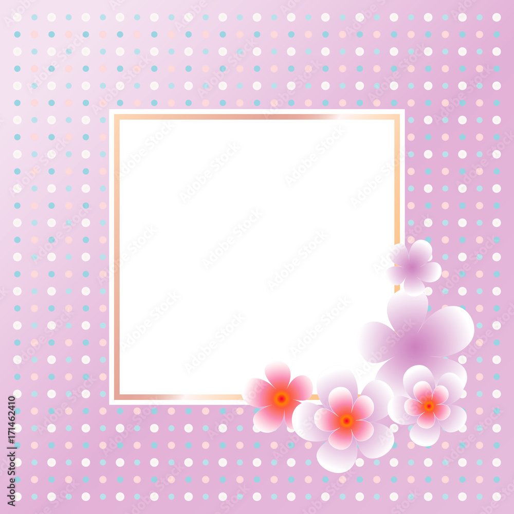 Violet Sakura flowers isolated on light Purple dotted background. Apple-tree flowers. Square Frame Cherry blossom. Vector