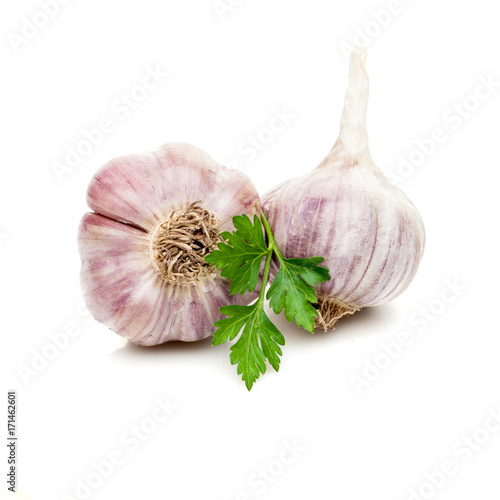 garlic  with parsley greenery isolated on white background