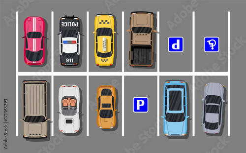 City parking lot with different cars