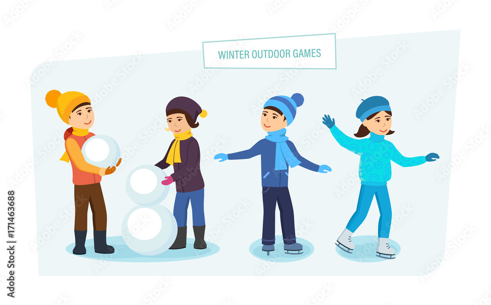 Small children make winter snowman, skate, play on the playground.