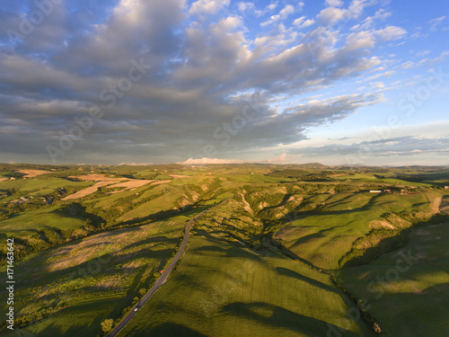 Tuscany aerial sunrise hill landscape