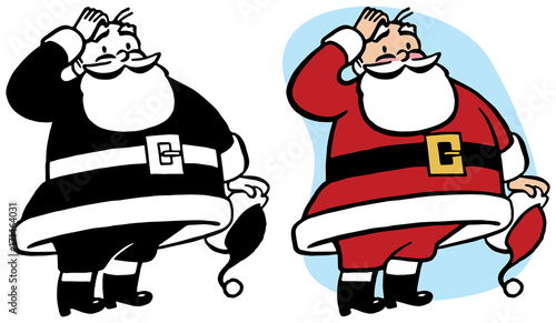 A puzzled Santa Claus takes off his had and scratches his head.