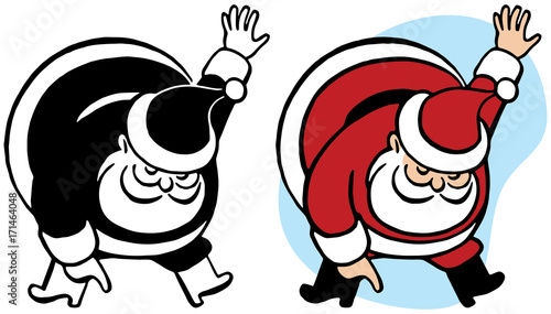 Santa Claus bending and pointing towards something interesting.