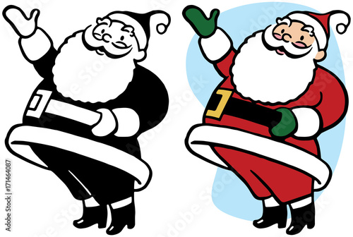 Santa Claus gestures and points to something interesting.