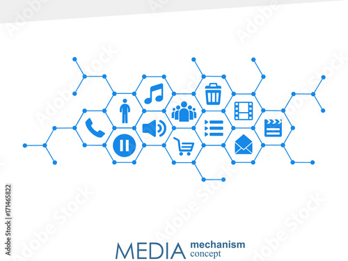 Media mechanism concept. Growth abstract background with integrated meta balls, integrated icon for digital, strategy, internet, network, connect, communicate, technology, global concepts