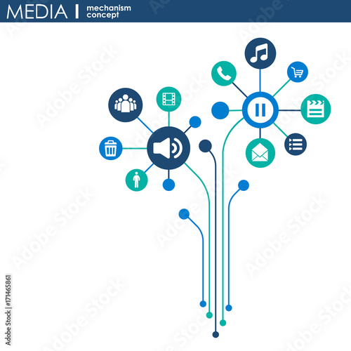 Media mechanism concept. Growth abstract background with integrated meta balls, integrated icon for digital, strategy, internet, network, connect, communicate, technology, global concepts