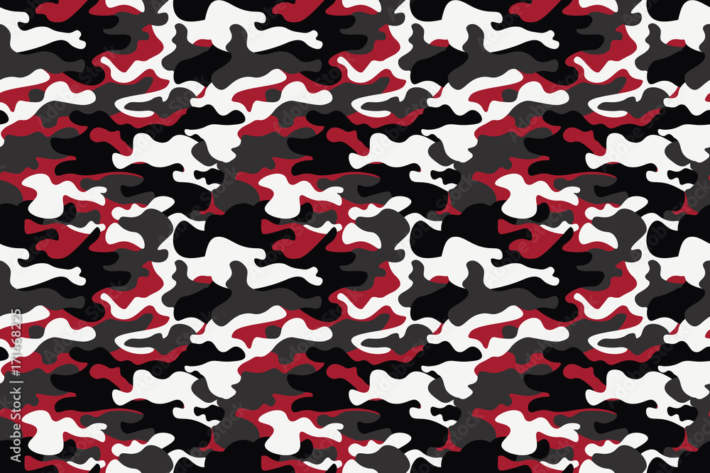 Fototapeta Horizontal banner seamless camouflage pattern background. Classic clothing style masking camo repeat print. Red, white, brown black colors forest texture. Design element. Vector illustration.