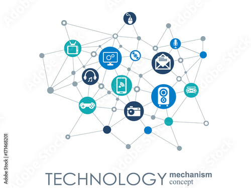 Technology mechanism concept. Abstract background with integrated gears and icons for digital, strategy, internet, network, connect, communicate, social media and global concepts. Vector infographic