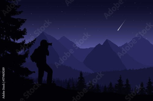 Vector illustration of a mountain landscape with trees and a human being photographed under a night purple sky with stars