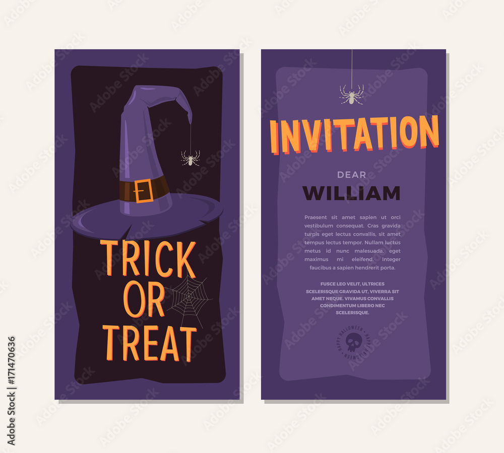 Naklejka premium Happy Halloween. Template of invitation card design from front and back side. Hat of witch with spider and inscription Trick or treat.