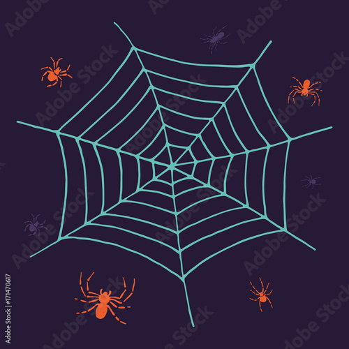 Symbol of halloween. Blue web and orange spiders. Vector cartoon Illustration.