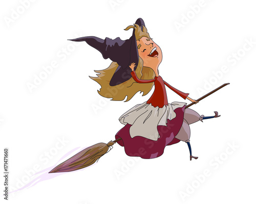 Cute young witch is flying on a broom. Illustration for Halloween and Fairy Tales. Vector drawing of a hand isolated on white background.