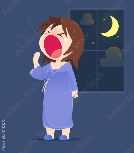 Cartoon Woman In Nightwear Yawning. Concept With Cartoon Design. Vector Illustration