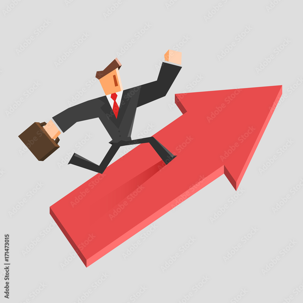 Businessman run on a growing arrow. Success concept. Businessman run on a growing arrow. Success concept.