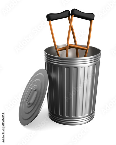 crutches in garbage basket on white background. Isolated 3D illustration photo