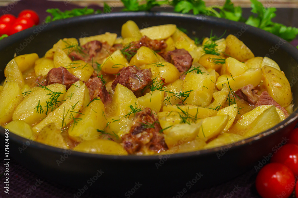 fresh veal, stewed with fresh potatoes and spices. fresh veal, stewed with fresh potatoes and spices.