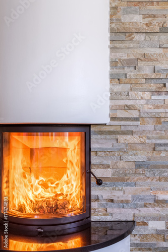 Interior shot of a modern marble fireplace
