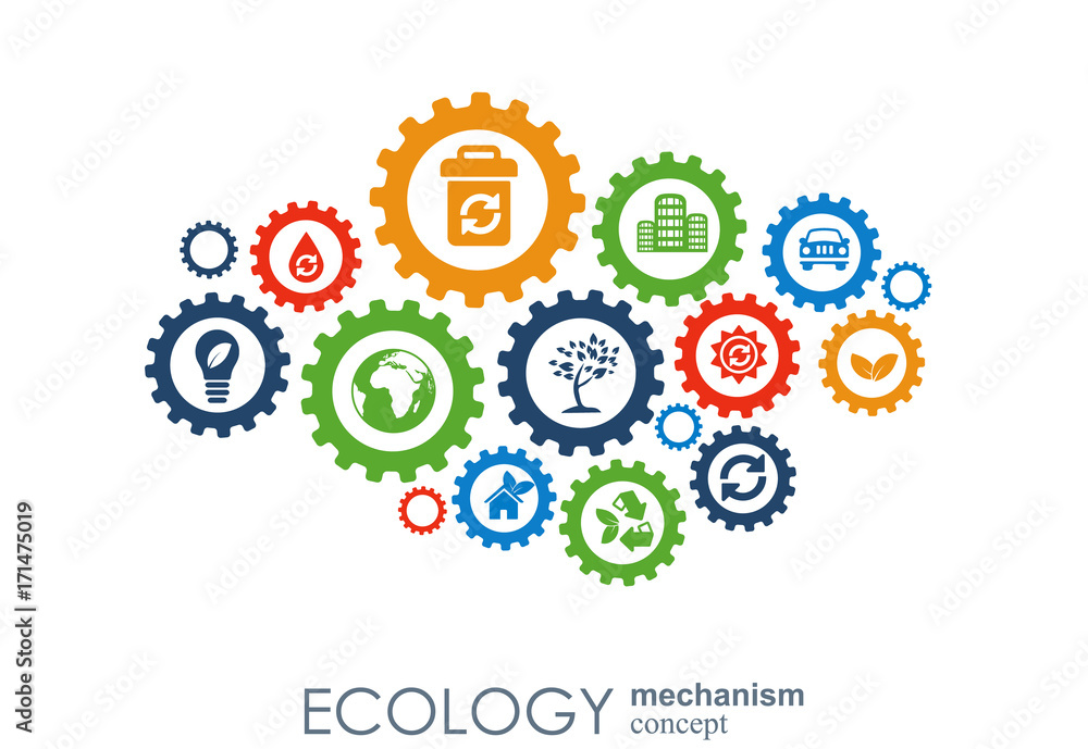Ecology mechanism concept. Abstract background with connected gears and icons for eco friendly, energy, environment, green, recycle, bio and global concepts. Vector infographic illustration Ecology mechanism concept. Abstract background with connected gears and icons for eco friendly, energy, environment, green, recycle, bio and global concepts. Vector infographic illustration